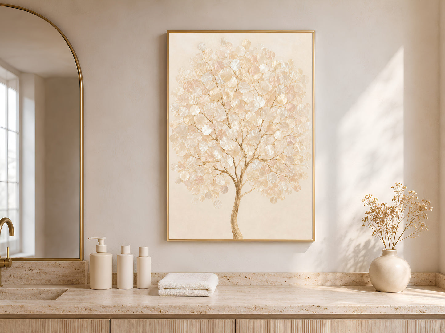 Capiz shell tree print hanging above a marble bathroom vanity with an arched window
