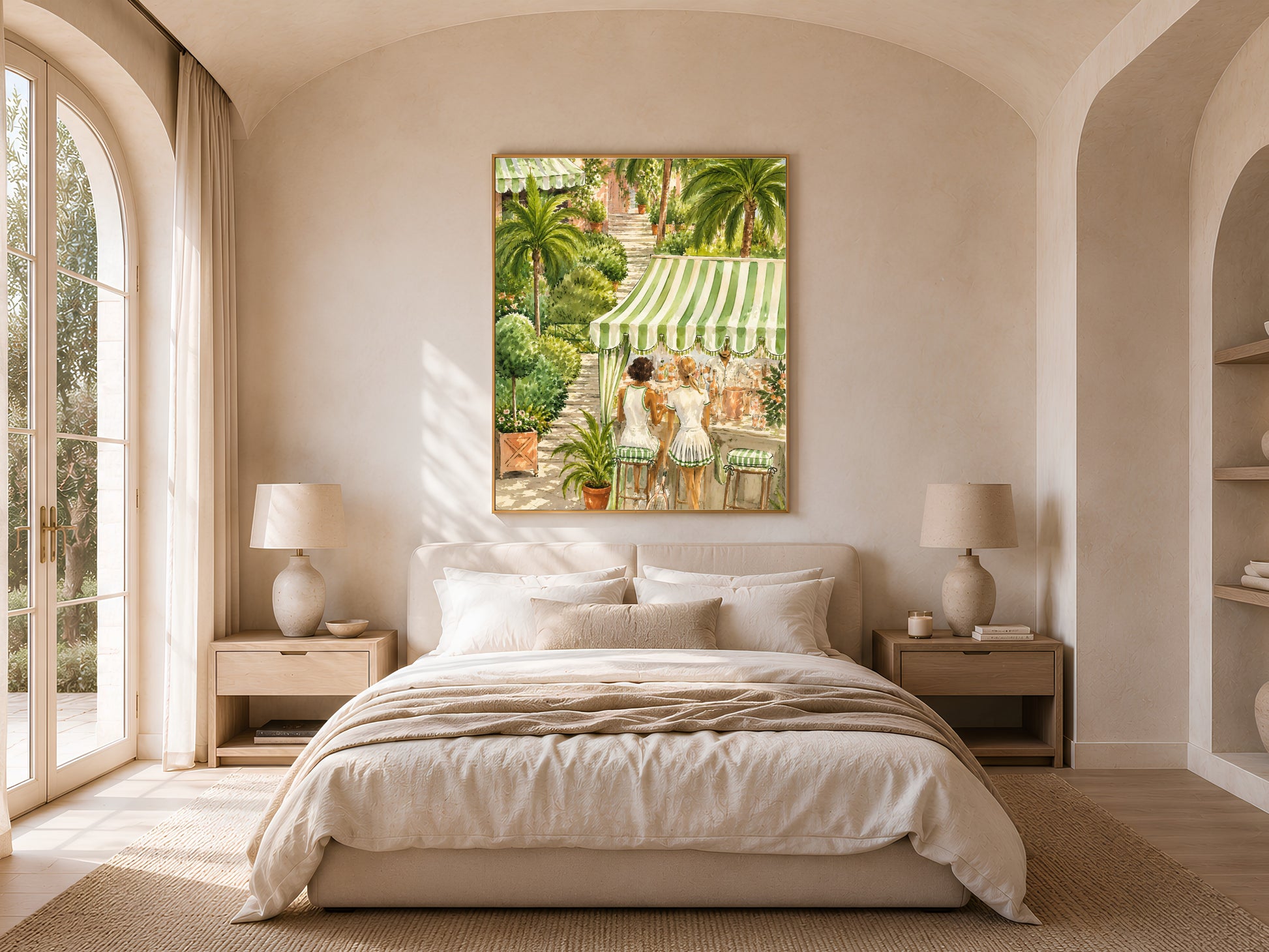 Tennis club wall art print in a gold frame hanging above a bed in a neutral, sunlit bedroom.
