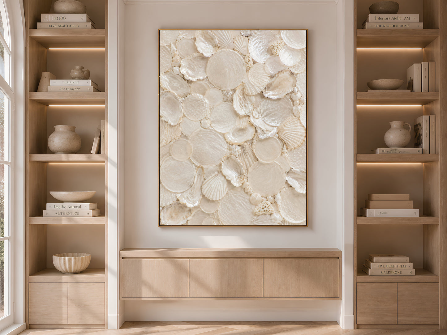 Built-in bookshelf niche with styled decor and a framed shell collector print centered between the shelving.