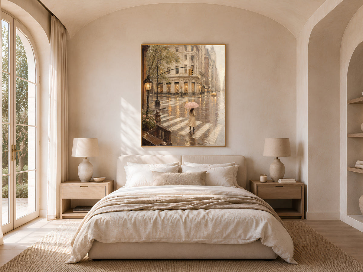 Woman with Umbrella Wall Art, Pink Umbrella Print, Rainy City Painting - Digital Download