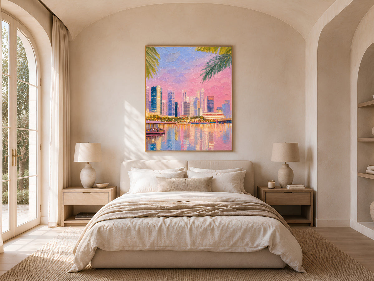 Tropical city skyline wall art with palm leaves above a neutral bedroom bed