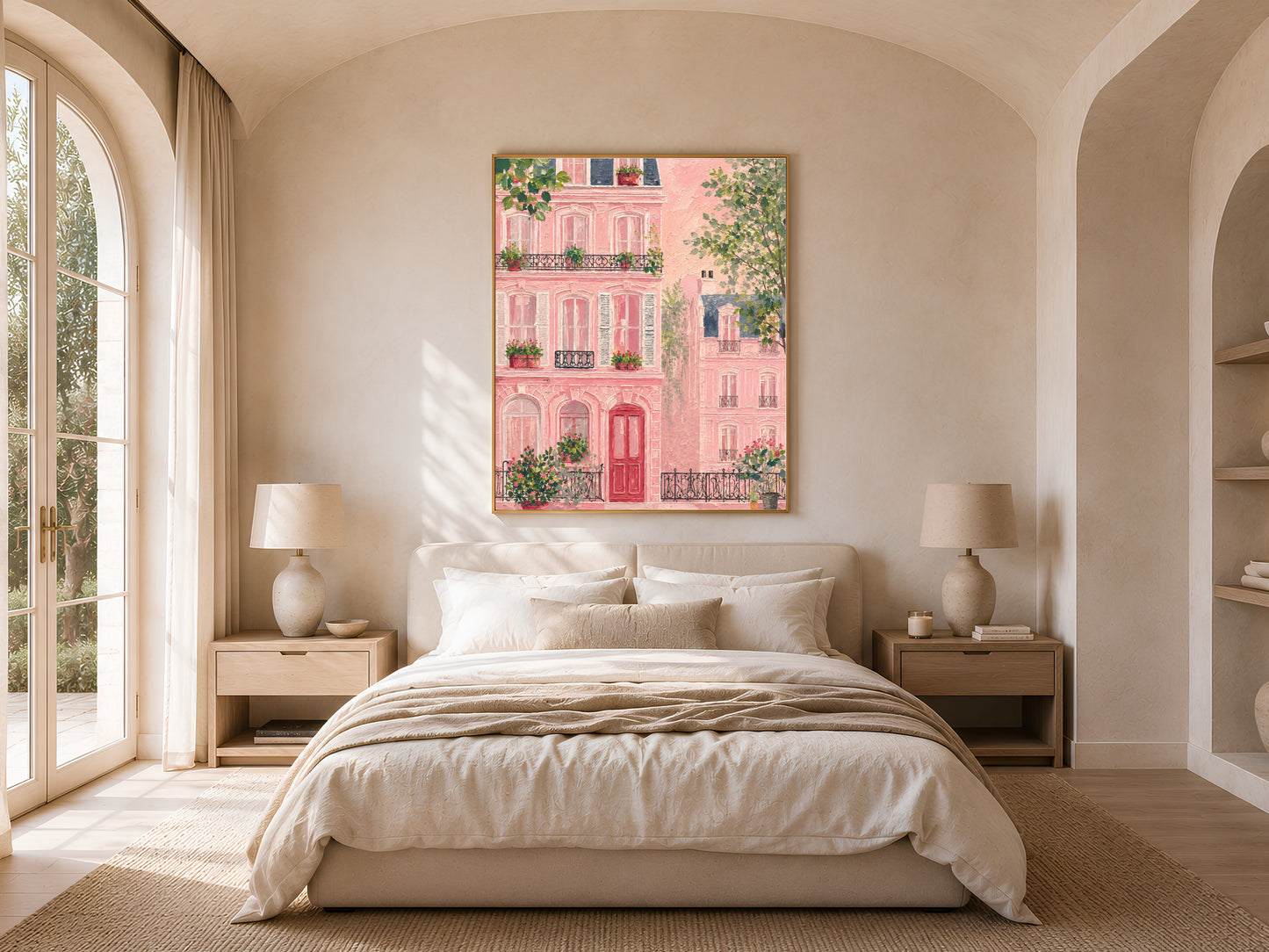 Impasto pink Parisian building wall art in a gold frame above a bed with warm linen bedding and a rattan lamp in a bright minimal bedroom with arched windows
