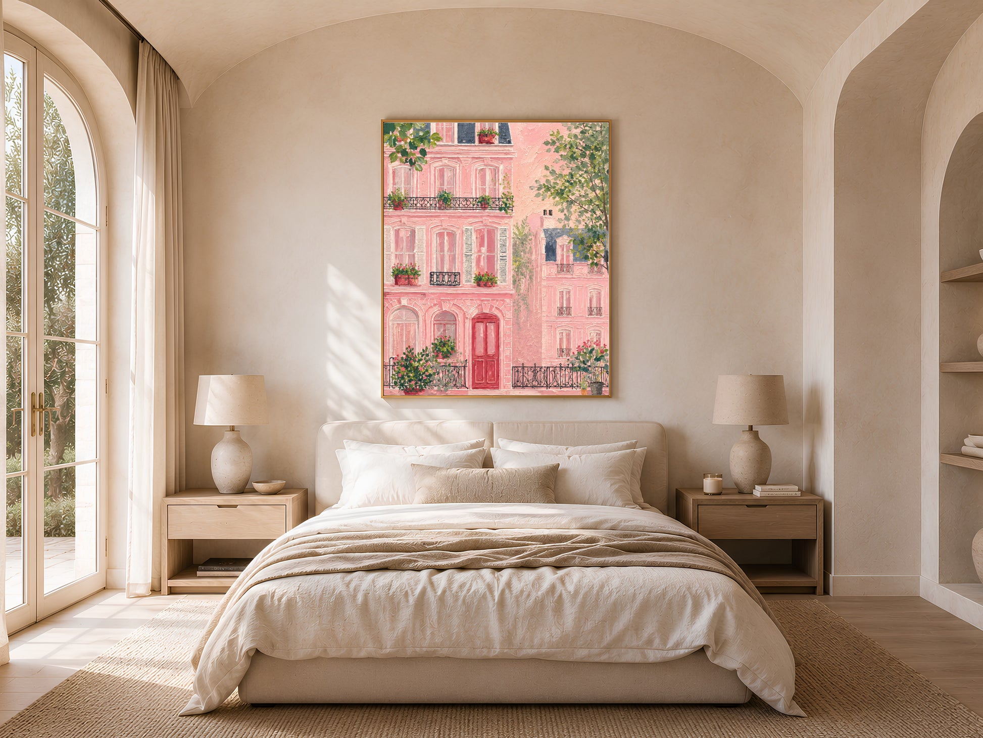 Impasto pink Parisian building wall art in a gold frame above a bed with warm linen bedding and a rattan lamp in a bright minimal bedroom with arched windows

