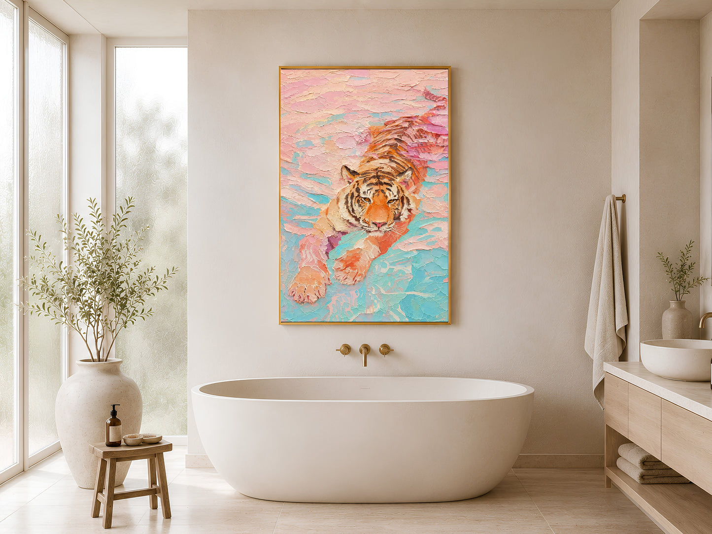 Framed pastel tiger print on wall beside a freestanding white soaking bathtub in a minimal bathroom with soft natural light
