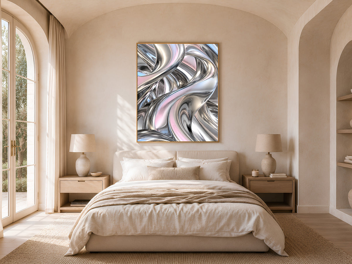 Chrome Liquid Metal Wall Art, Silver Iridescent 3D Abstract Print - Digital Download