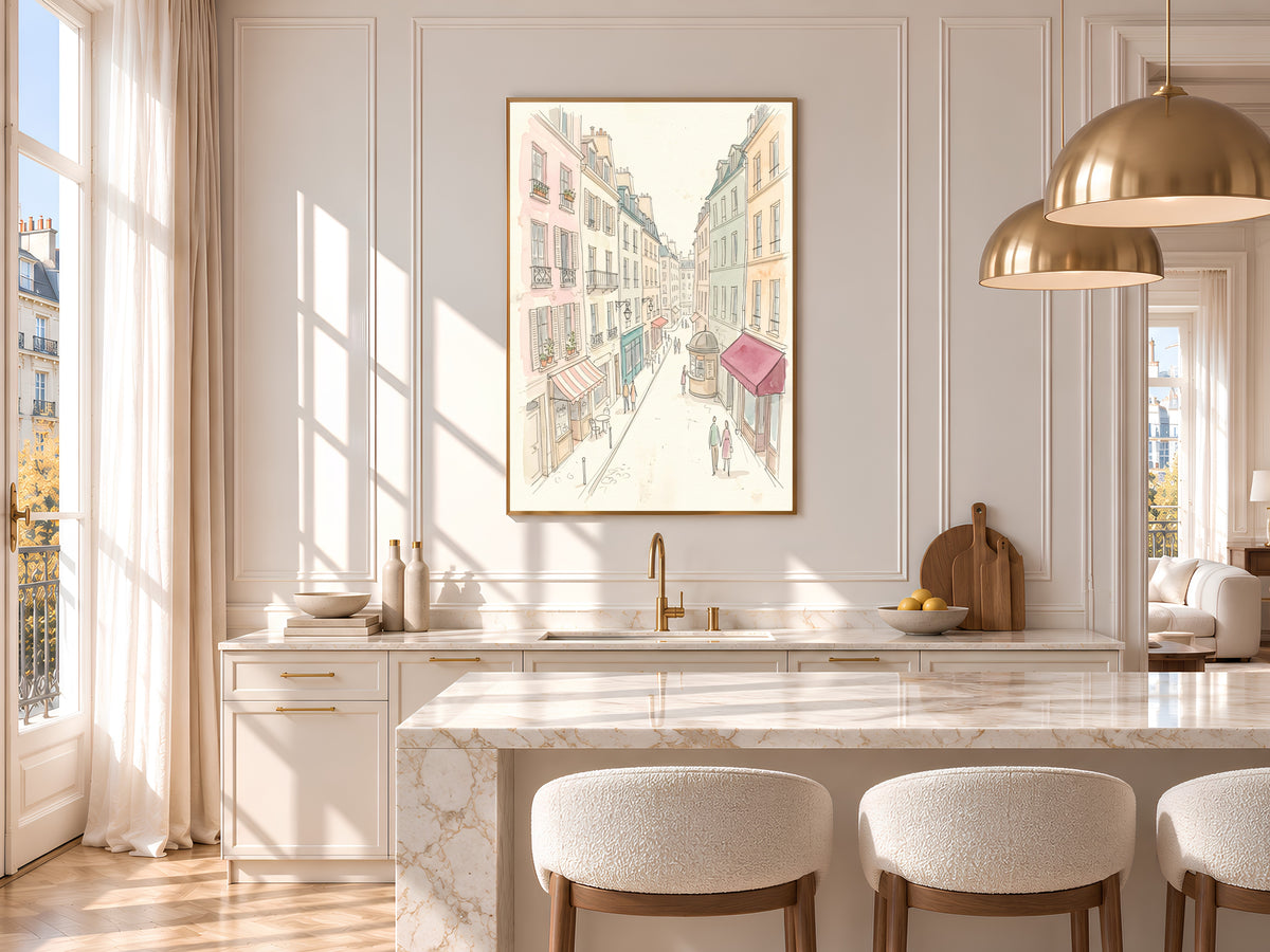 Paris Street Watercolor Print, Pastel Parisian Cafe Scene, French Wall Art, Printable Digital Download