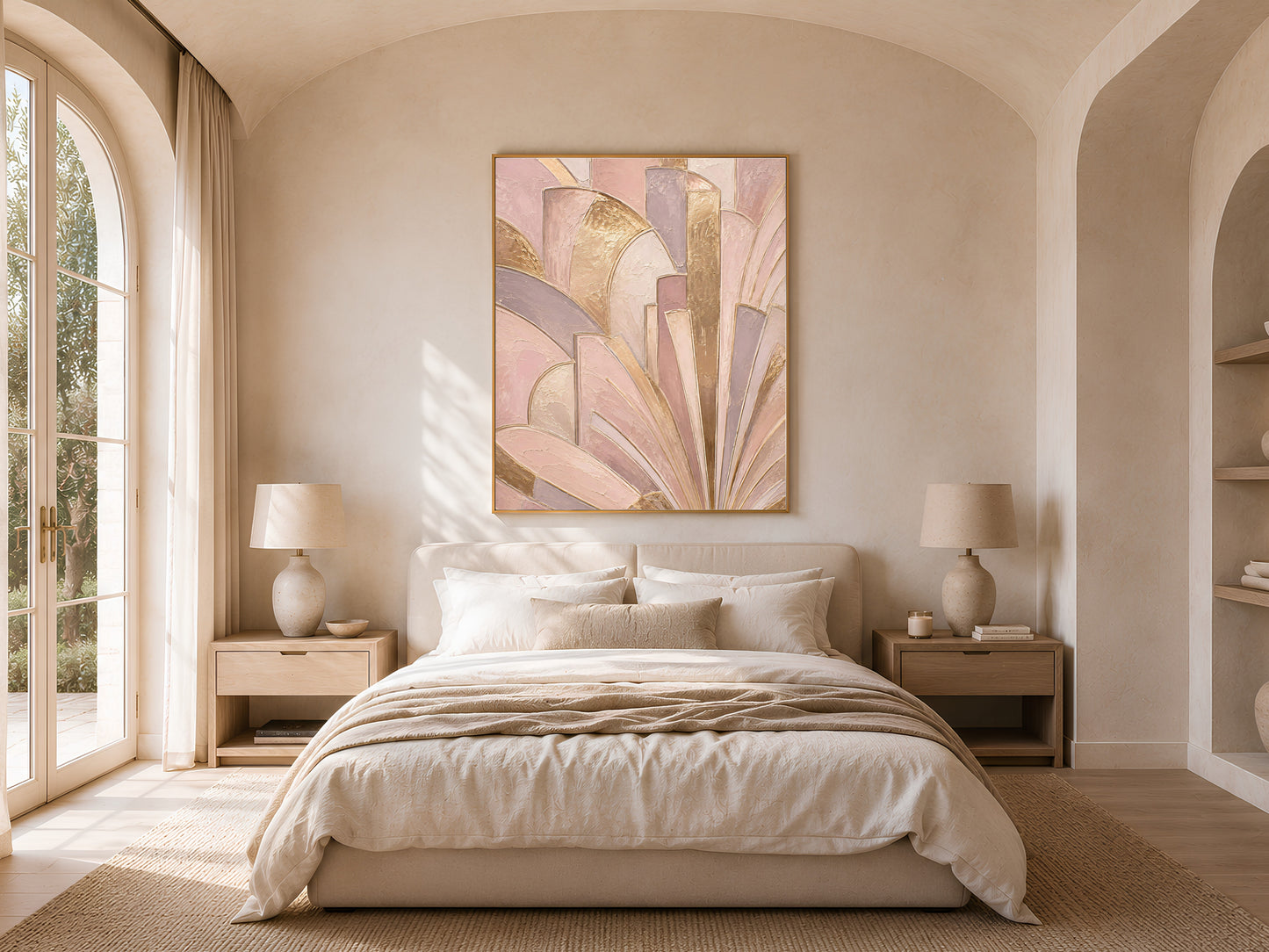 Art deco fan print framed above bed in warm neutral bedroom, blush pink and gold wall art
