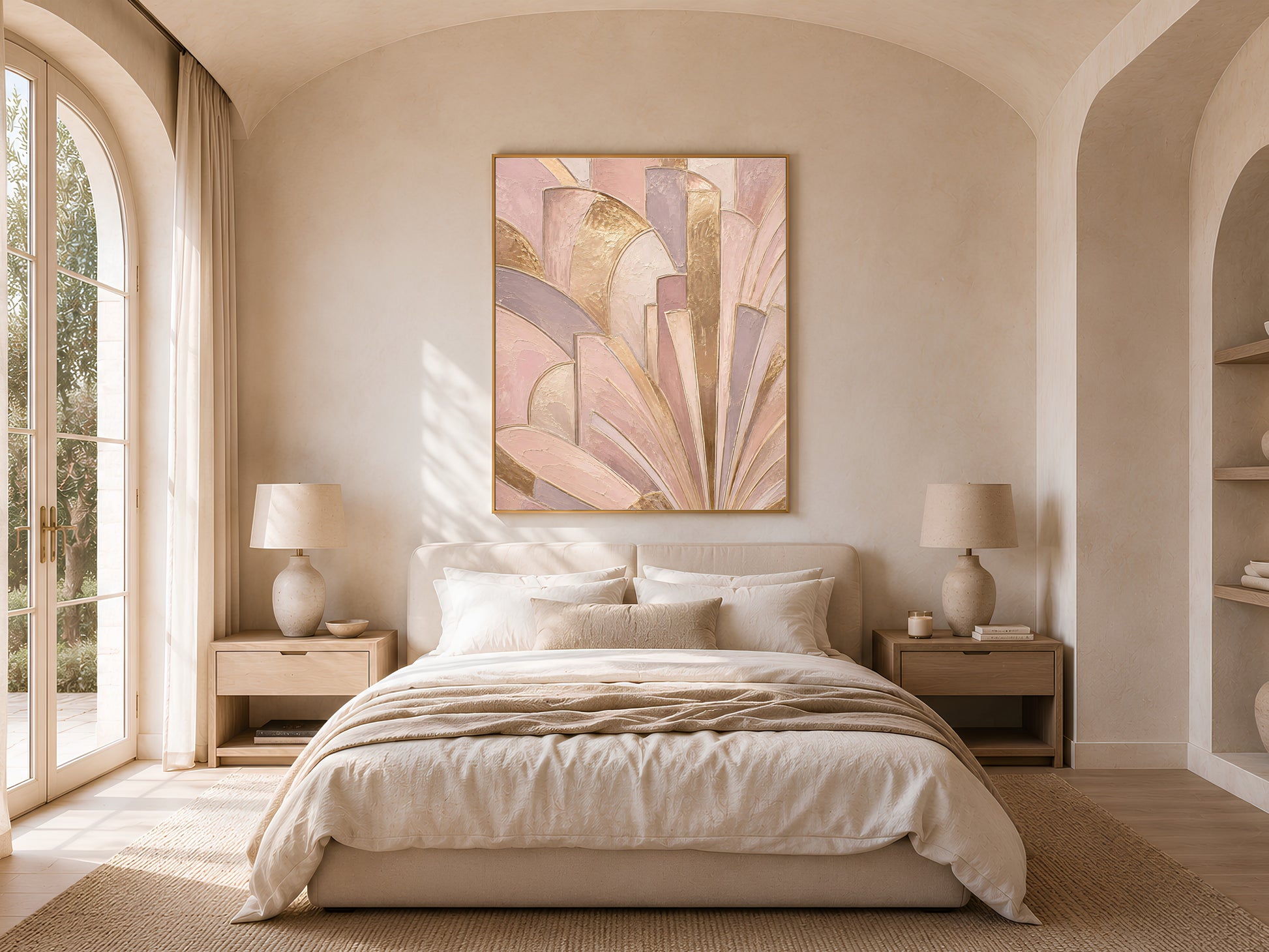 Art deco fan print framed above bed in warm neutral bedroom, blush pink and gold wall art

