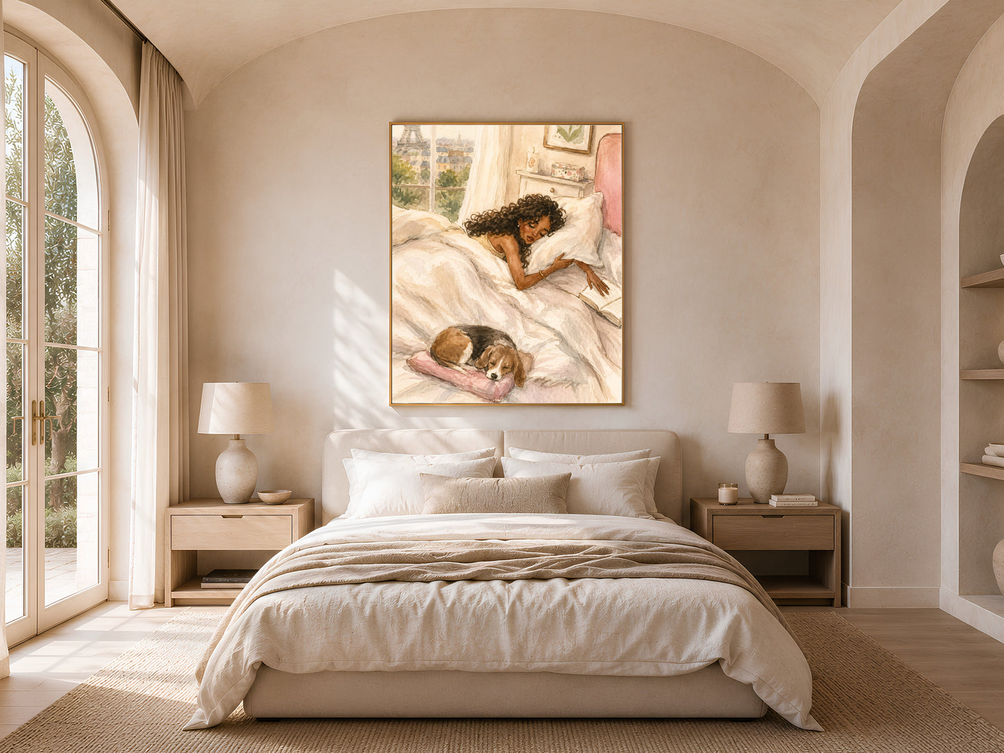 Framed Paris watercolor print above a neutral bedroom headboard with bedside lamps