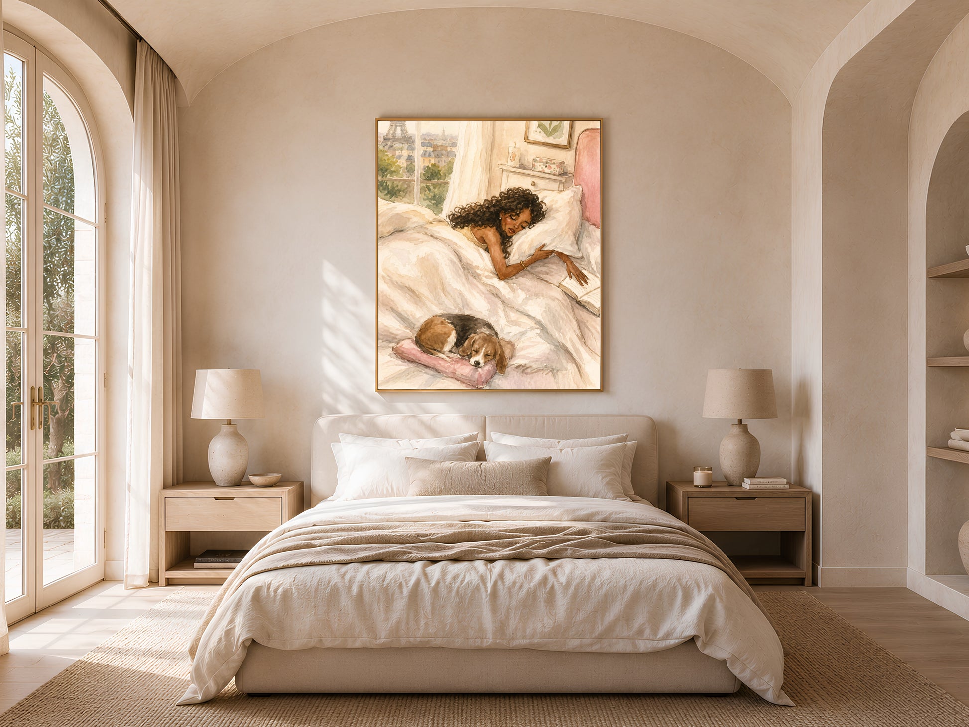 Framed Paris watercolor print above a neutral bedroom headboard with bedside lamps
