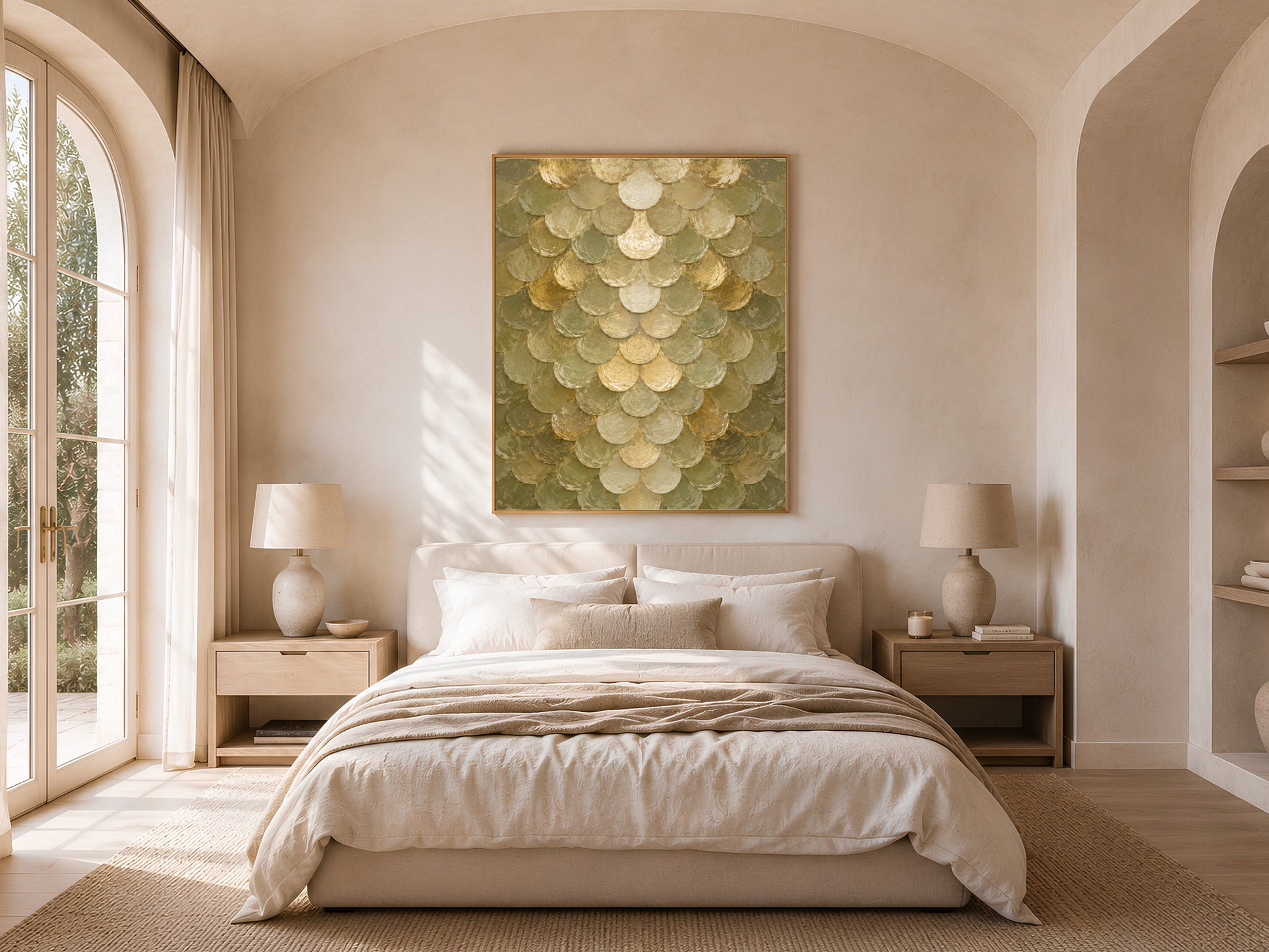 Sage green capiz shell print above bed in arched cream bedroom
