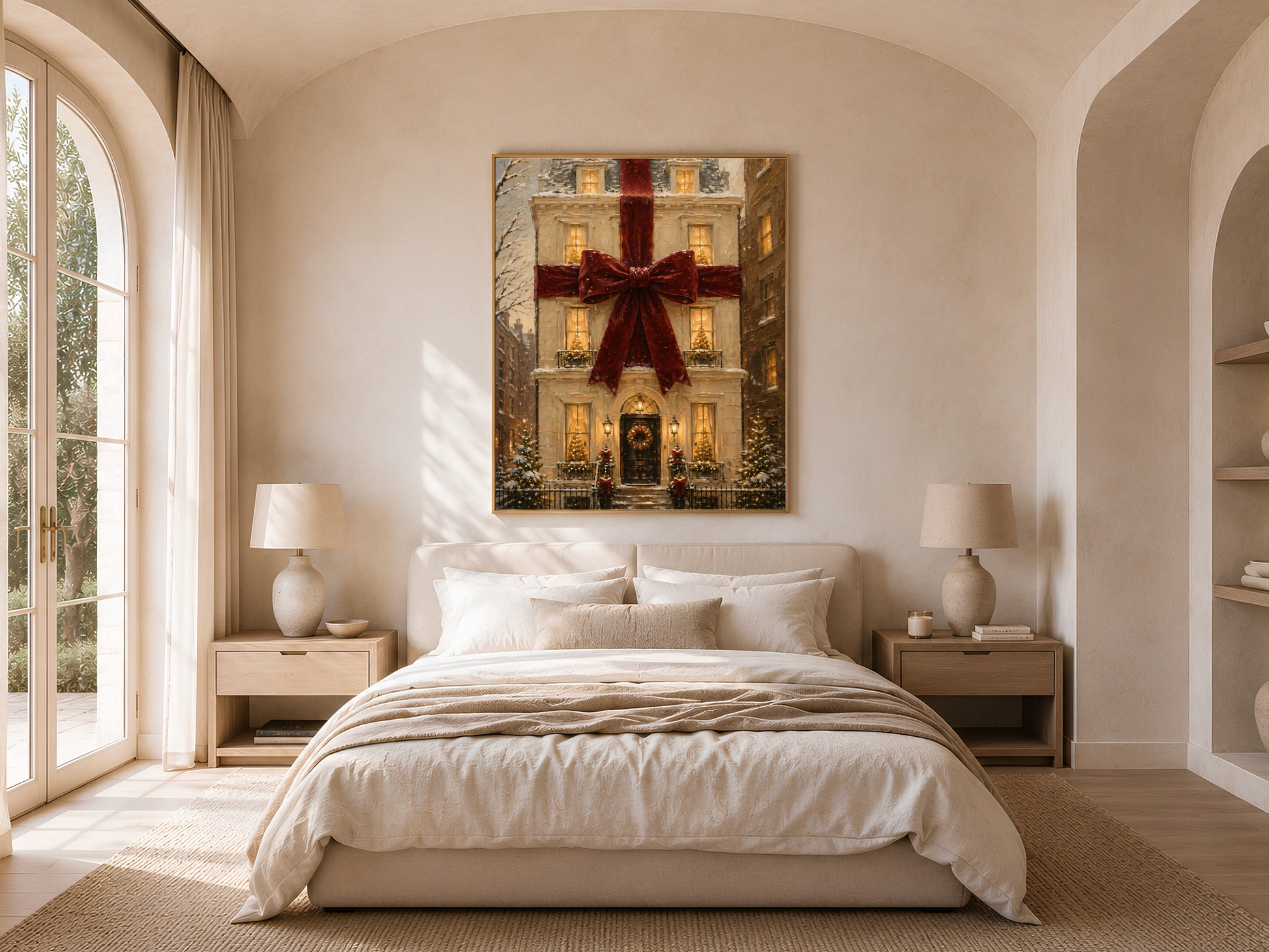 Bedroom with the Christmas house print above a bed with white linens, framed by arched windows and doubled nightstand lamps