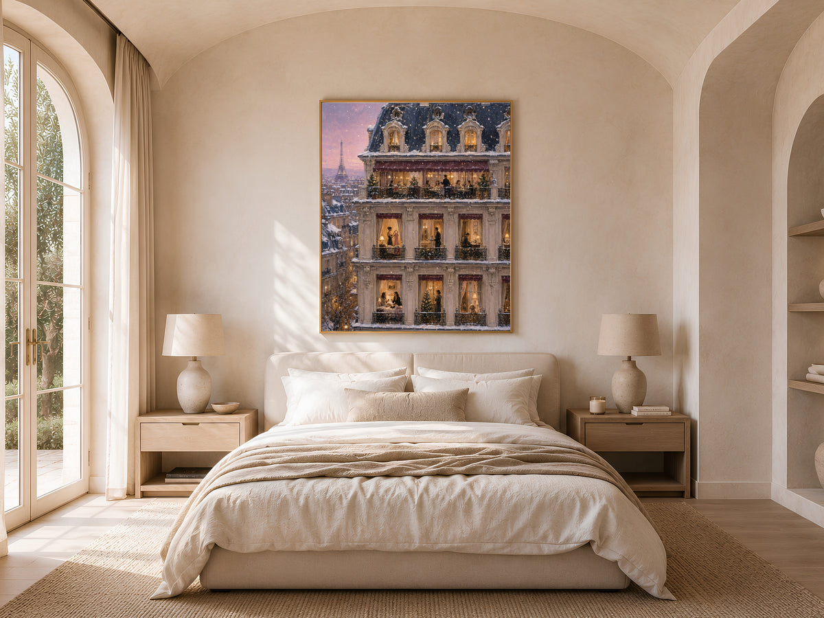 Paris Christmas apartment painting above bed in sunlit bedroom with arched window