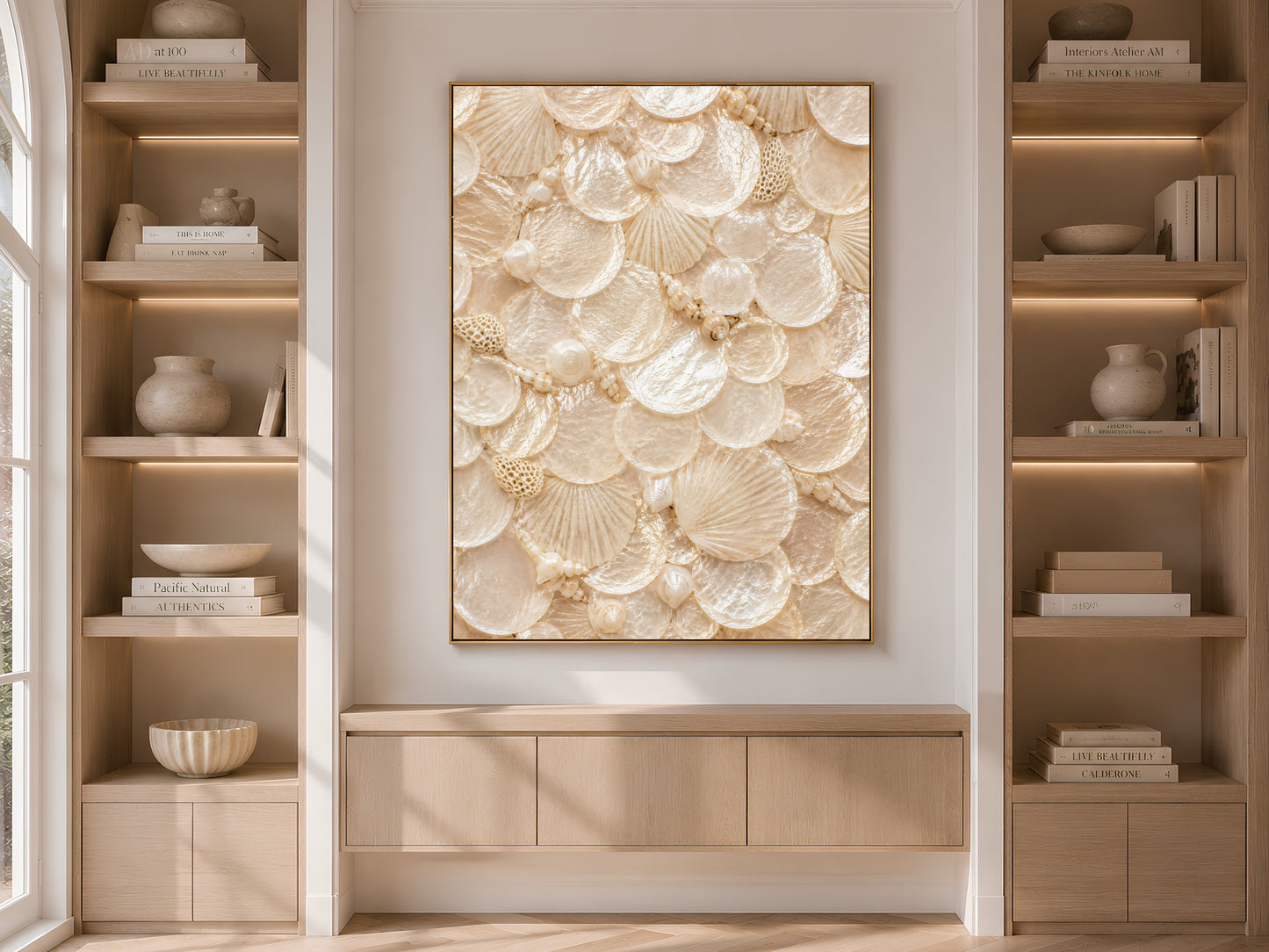 Built-in bookshelf niche with styled decor and a framed nautilus shell print centered between the shelving.