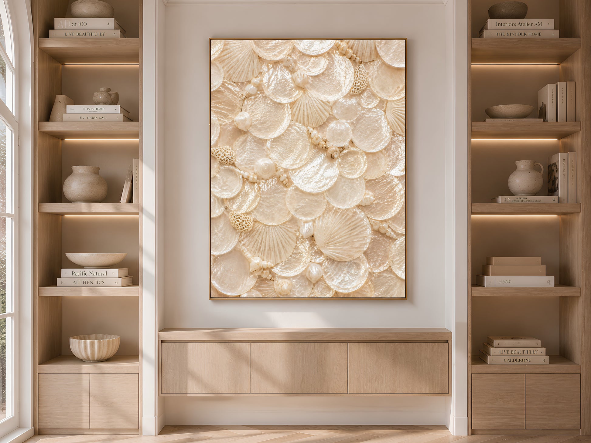Built-in bookshelf niche with styled decor and a framed nautilus shell print centered between the shelving.