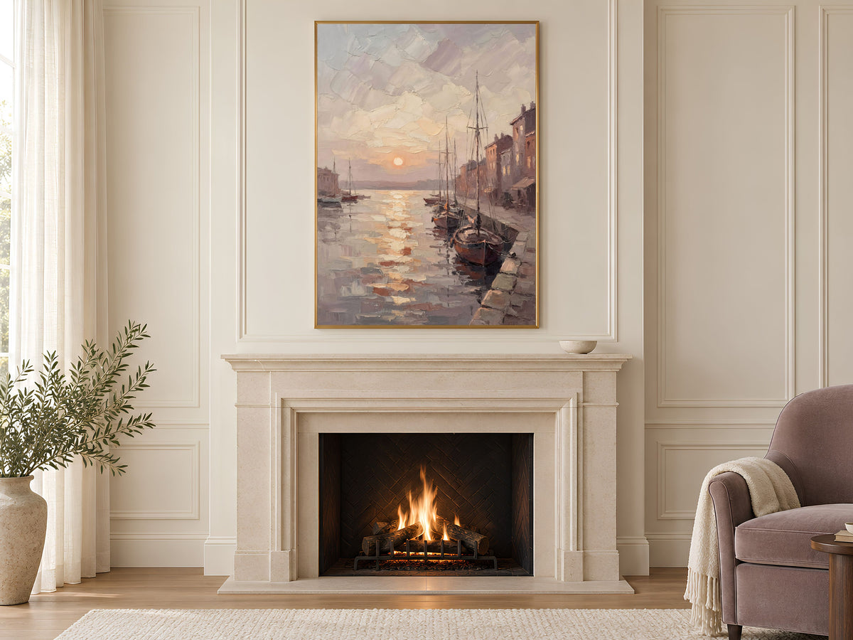 Harbor Sunset Wall Art, Impasto Oil Painting Print - Digital Download