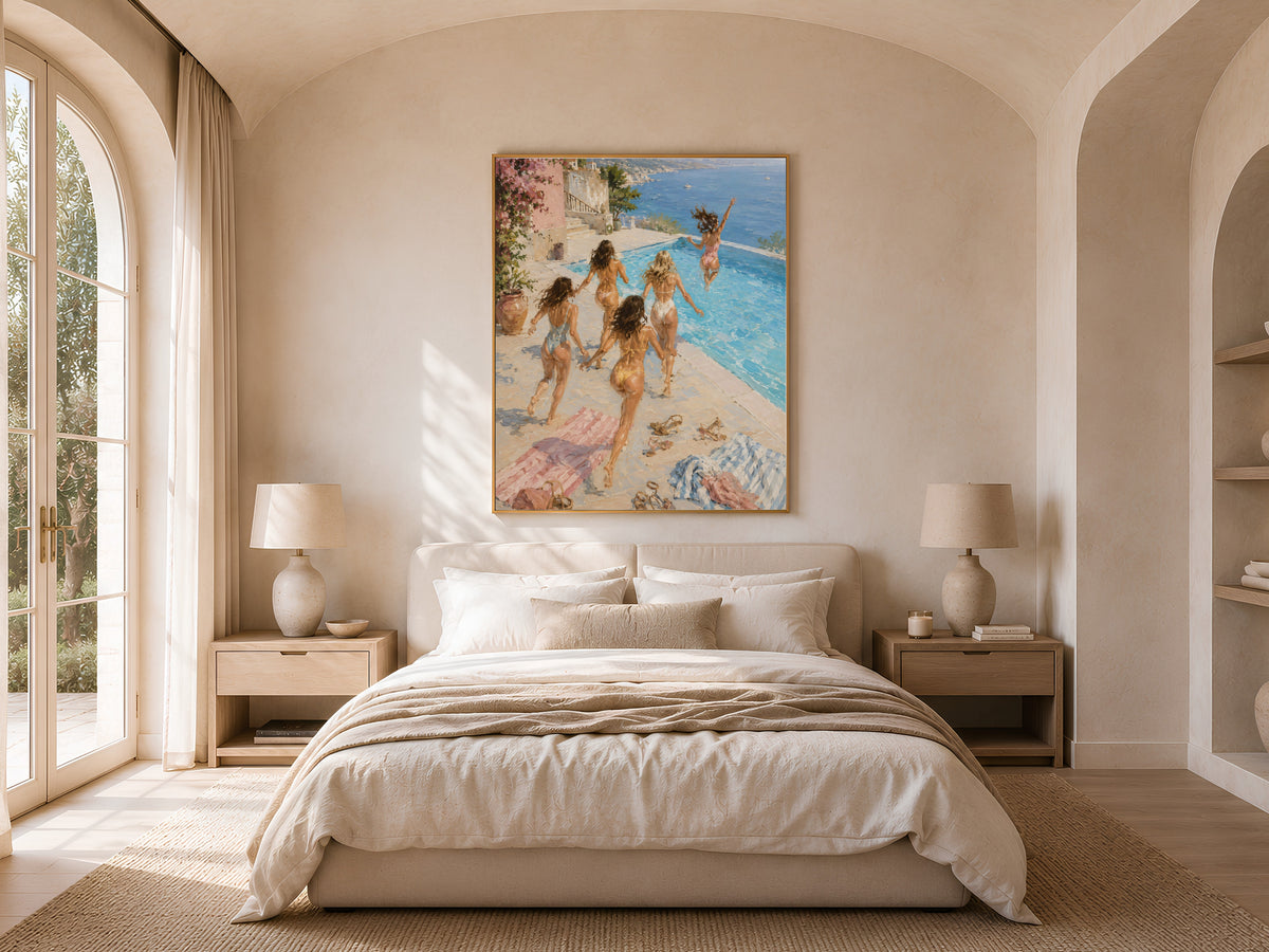 Girls trip pool print framed above a bed in a soft neutral bedroom