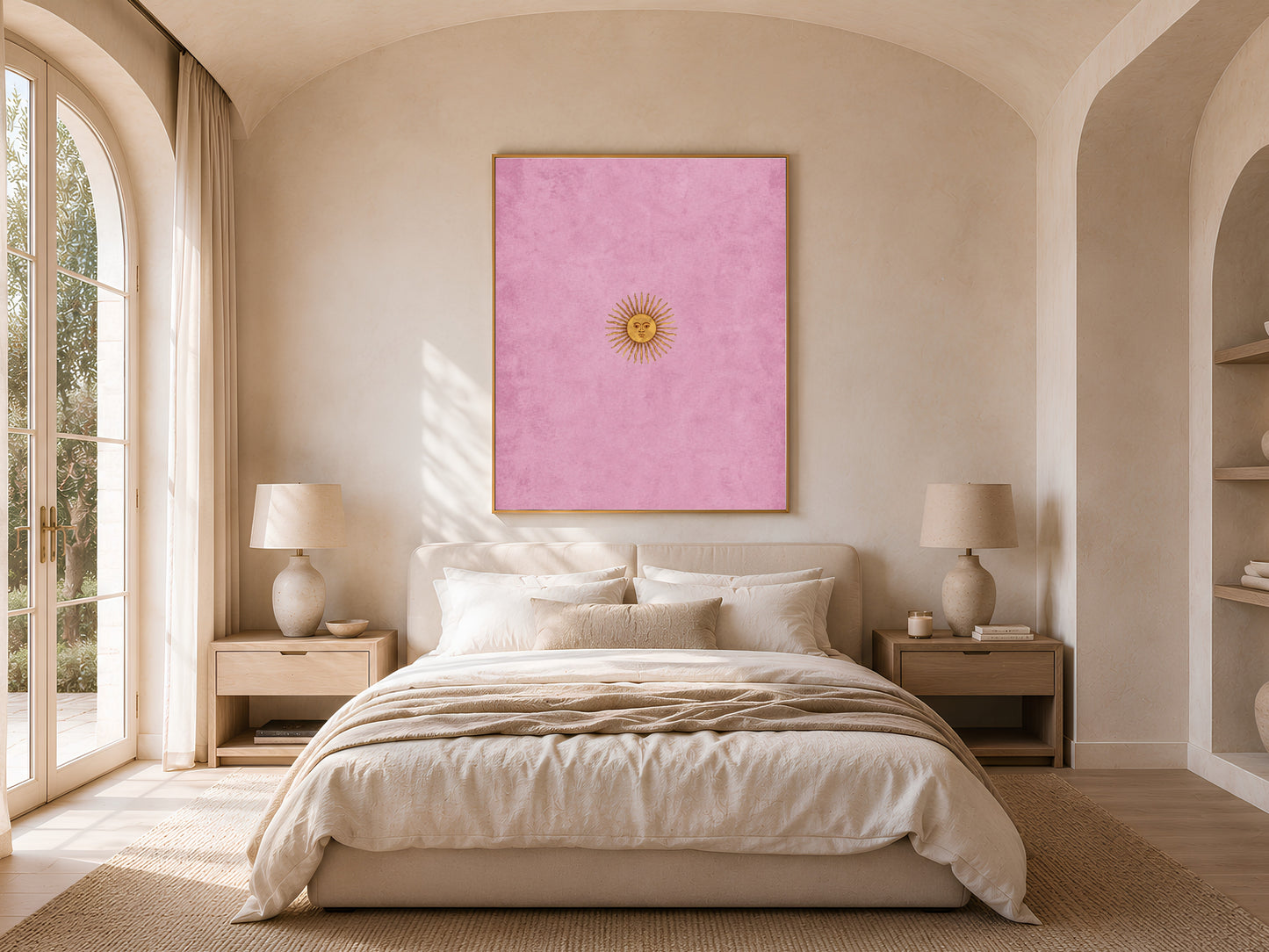 Vintage sun face wall art hung in a sunlit bedroom with arched window, minimalist celestial print for bedroom decor