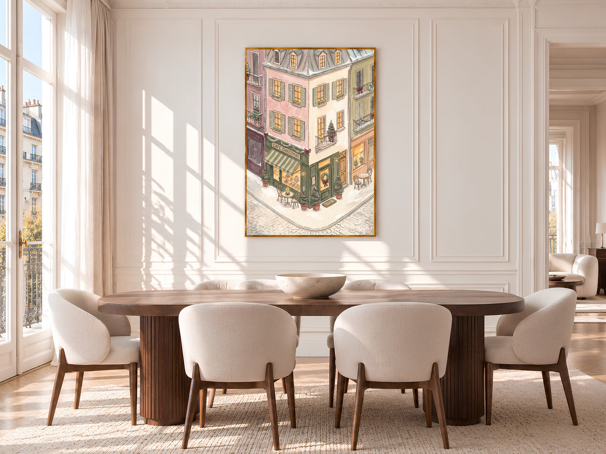 Christmas Cafe Print, Snowy Parisian Street Watercolor, Pastel Holiday Wall Art, Printable Digital Download