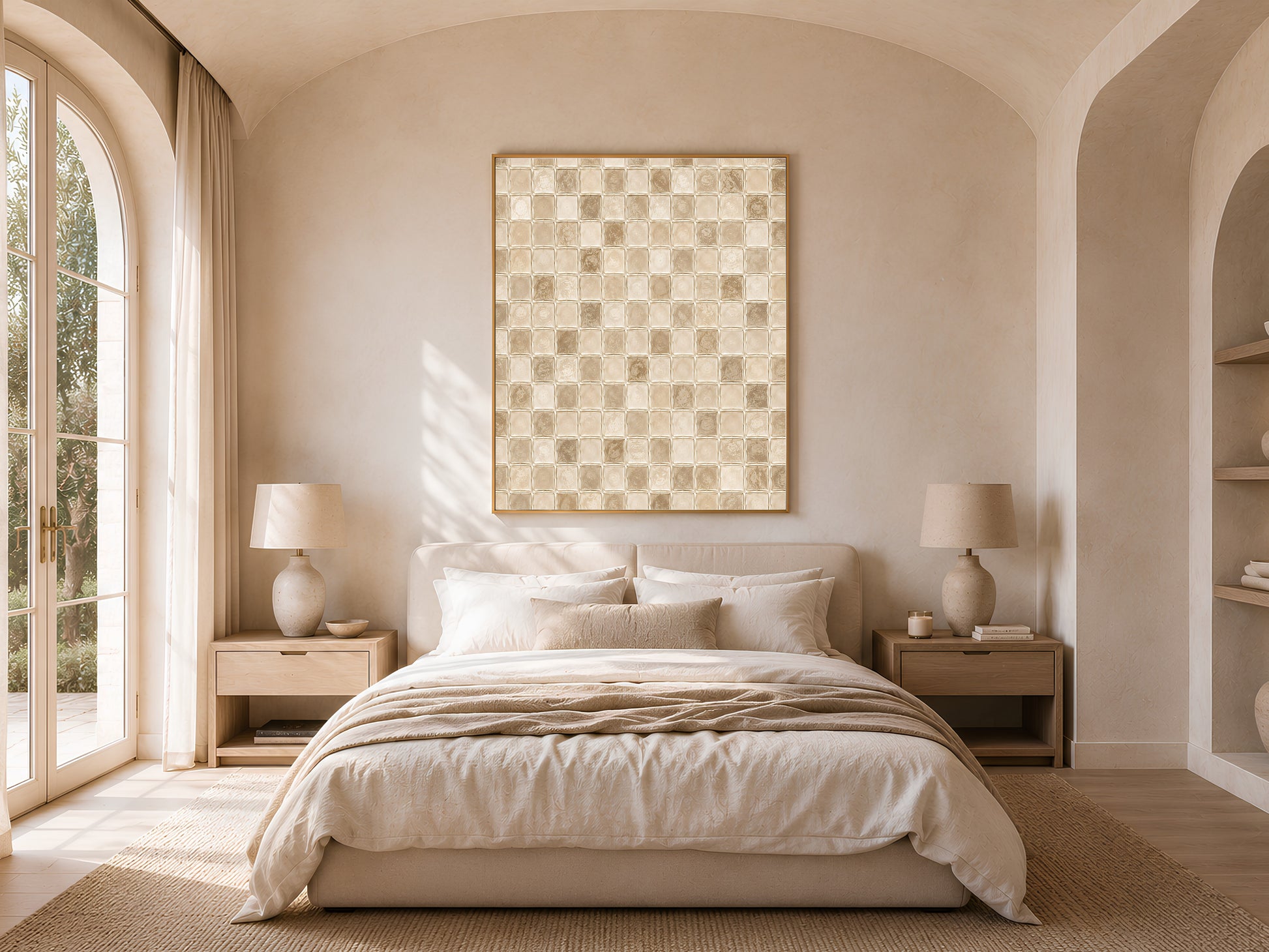 Cream mosaic wall art framed above a bed in a warm neutral bedroom with arched window and natural light
