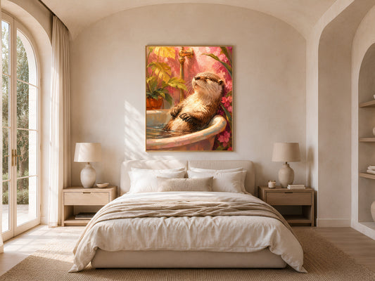 Framed otter in bathtub print above a bed with cream linens in a sunlit arched bedroom, pink tropical impasto painting, printable wall art
