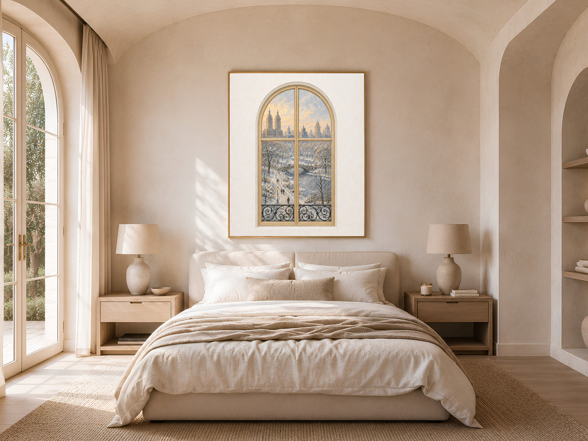 Central Park Window Wall Art, Snowy Winter Bridge View Print - Digital Download