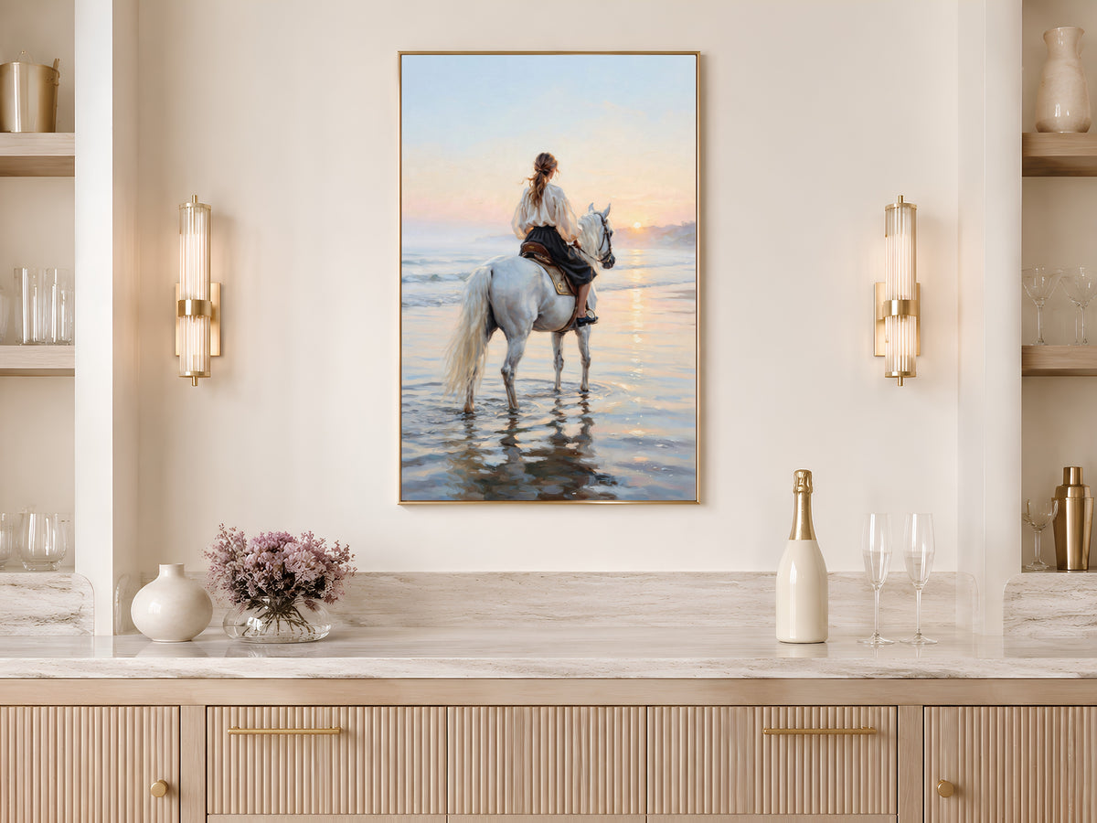 Woman on White Horse Wall Art, Beach Sunset Oil Painting Print - Digital Download