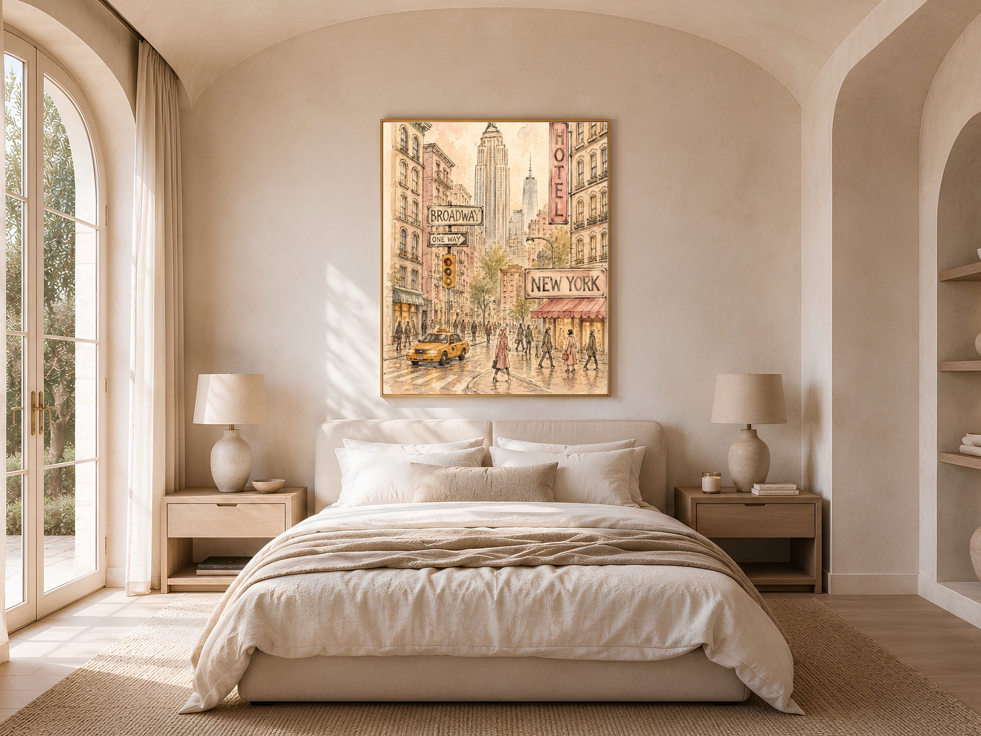 New York watercolor sketch print in gold frame above bed, NYC street scene wall art in neutral bedroom decor
