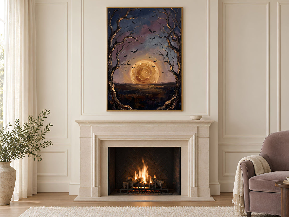 Moon and Bats Wall Art, Impasto Oil Painting Print - Digital Download