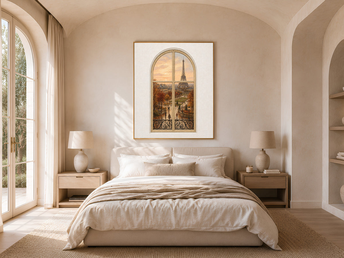 Paris Window Wall Art, Eiffel Tower Autumn Sunset Print - Digital Download