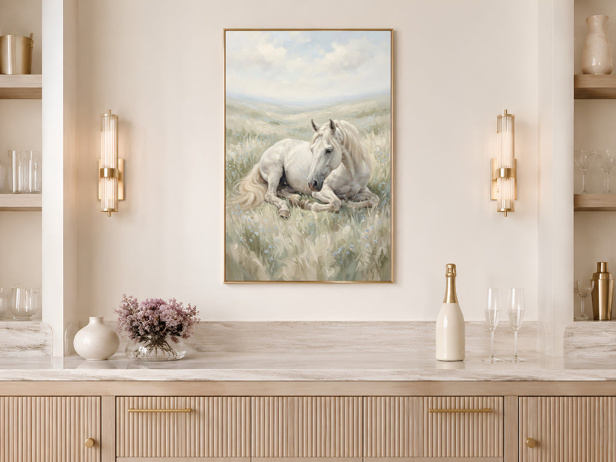 White Horse Wall Art, Wildflower Meadow Oil Painting Print - Digital Download