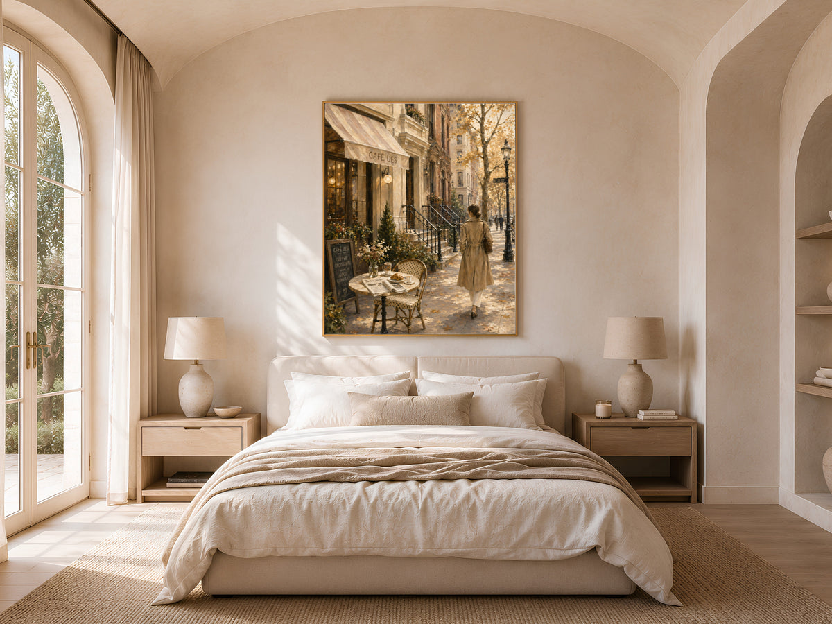 Upper East Side cafe wall art framed print displayed above bed in warm neutral bedroom