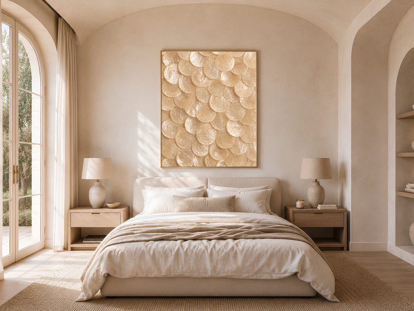 Natural capiz shell print in a gold frame hung above a bed in a warm, sunlit bedroom.