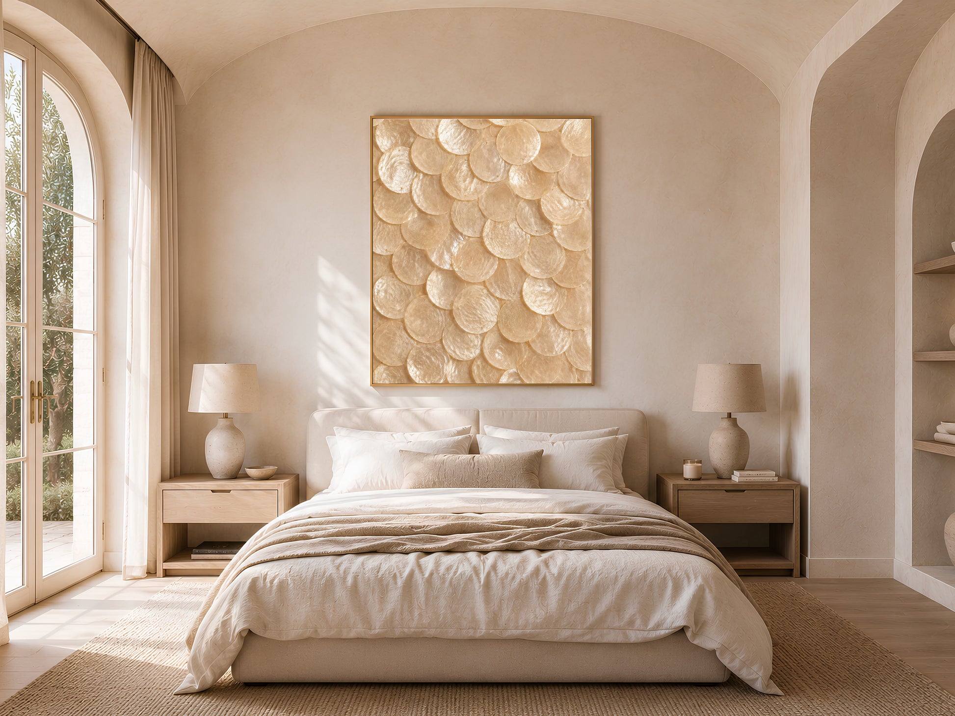 Natural capiz shell print in a gold frame hung above a bed in a warm, sunlit bedroom.