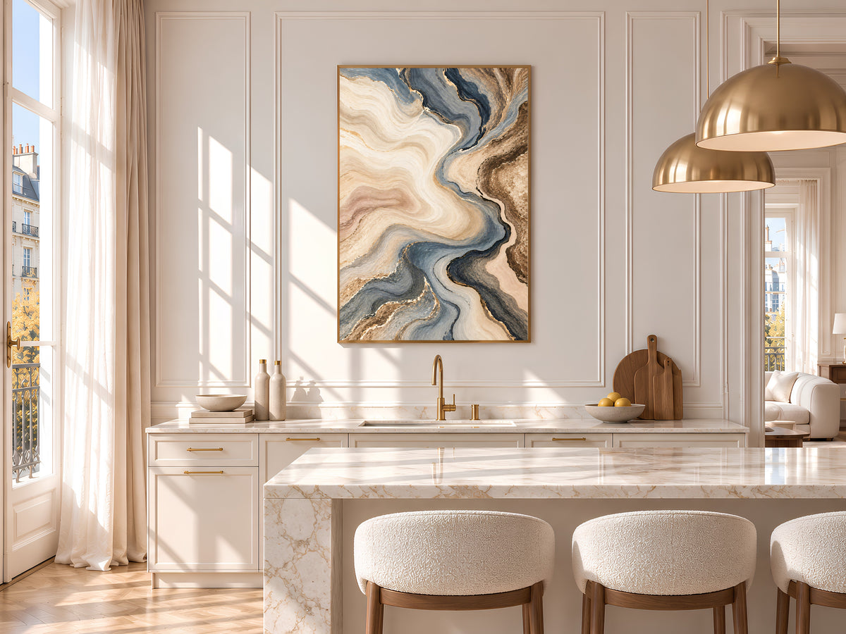 Blue Gray and Beige Abstract Wall Art, Slate Blue and Brown Marble Swirl Print with Gold Veins, Printable Neutral Decor, Digital Download