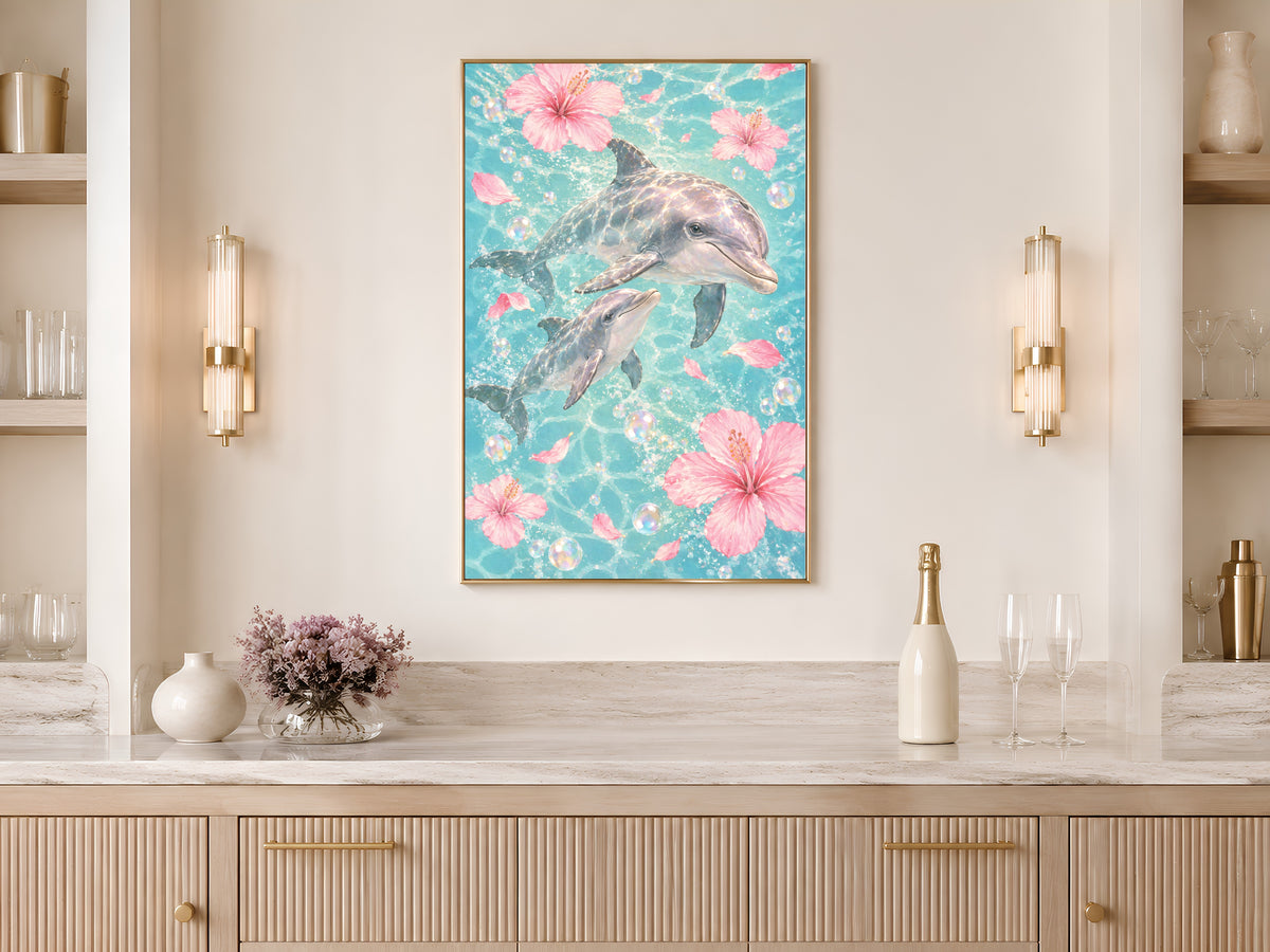 Dolphin Watercolor Wall Art, Mother Baby Dolphin Print - Digital Download