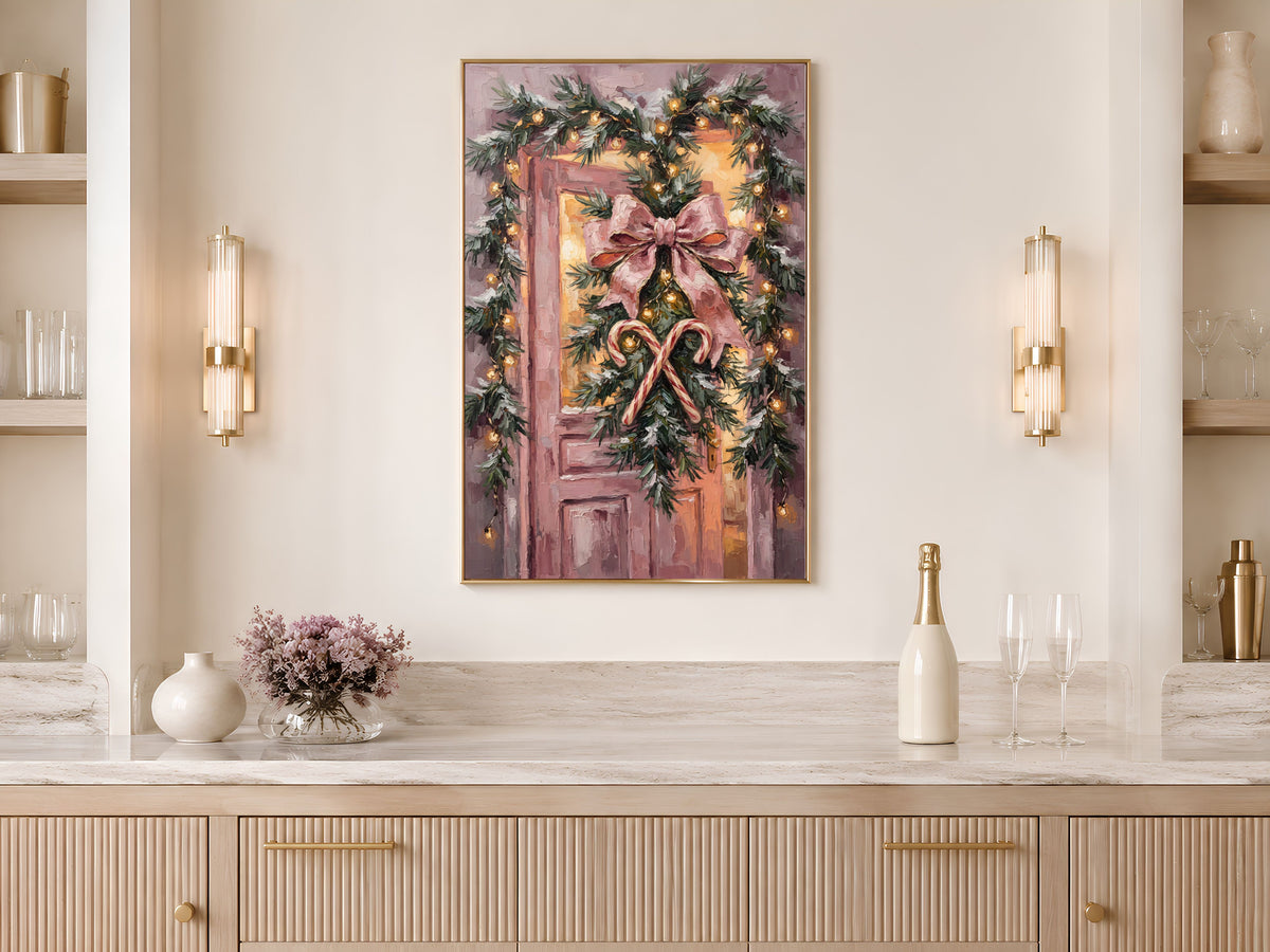 Pink Christmas Door Print, Velvet Bow Wall Art - Digital Download