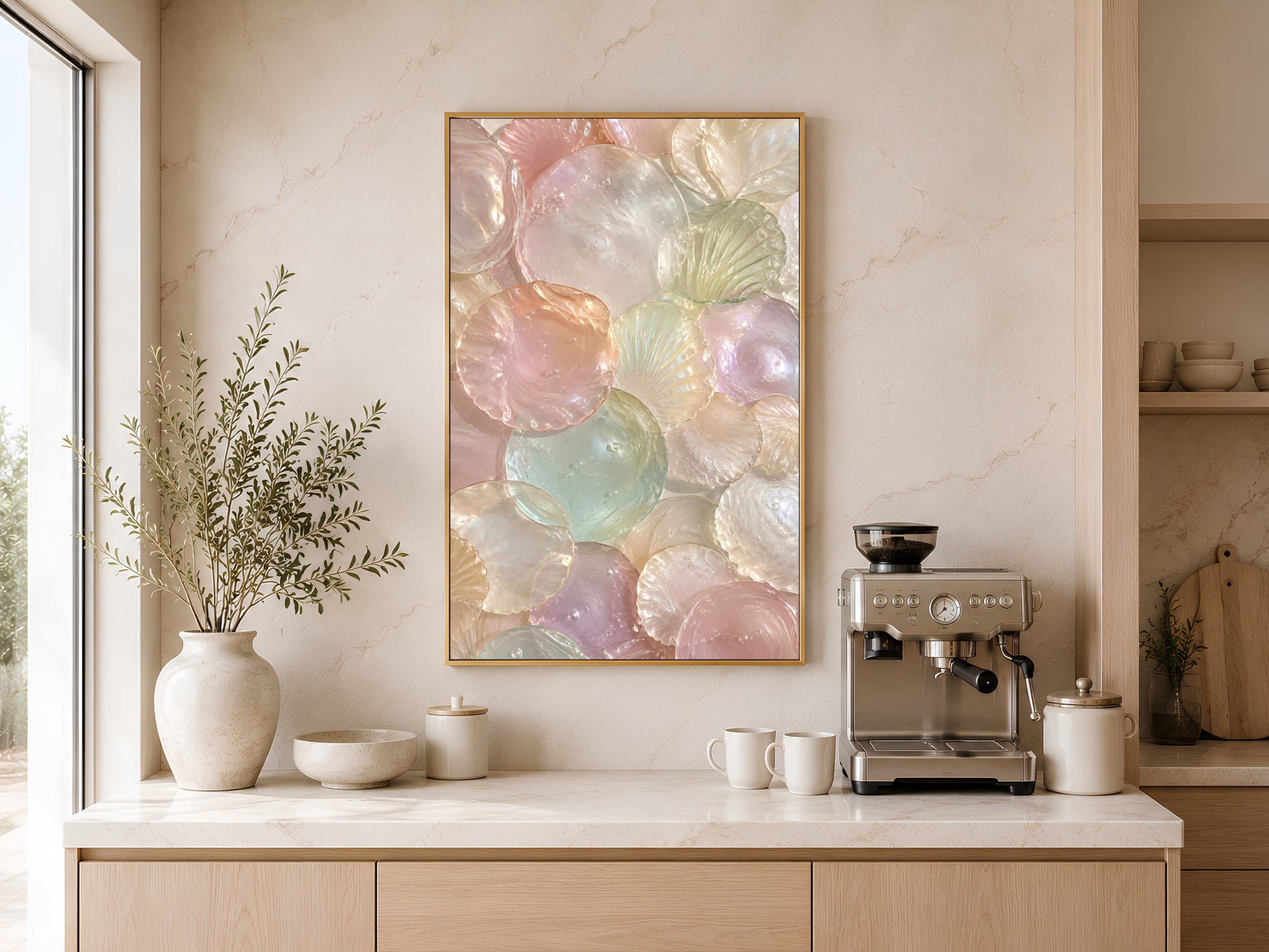 Murano Glass Shell Wall Art Above Coffee Station, Pastel Coastal Printable Artwork for Kitchen Decor
