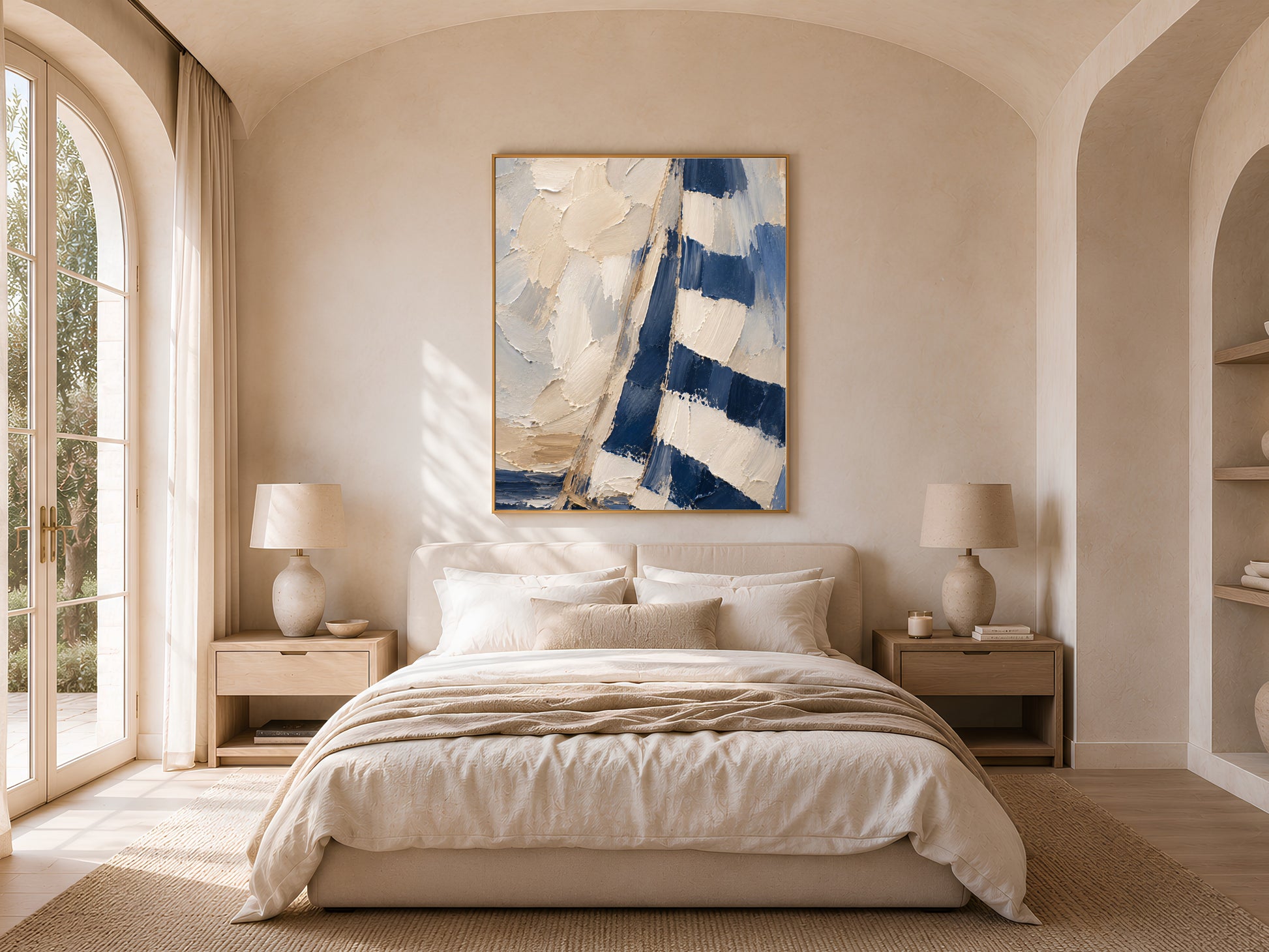 Navy sailboat wall art print framed above a bed in a light-filled arched bedroom