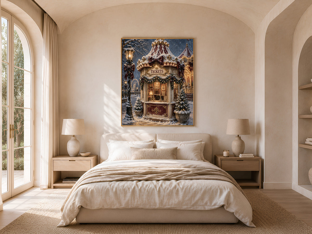 Winter fairground painting framed above a bed in a neutral arched bedroom