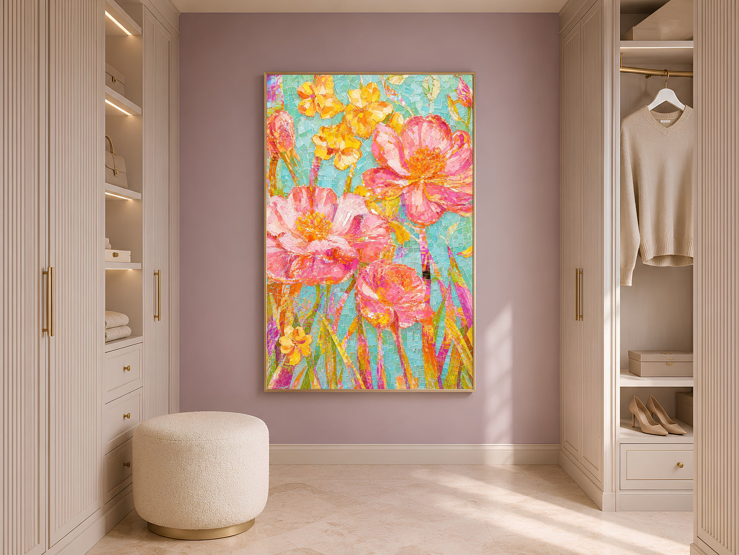 Colorful mosaic floral print in a thin wood frame displayed in a bright walk-in closet or dressing room with warm neutral tones and soft natural light
