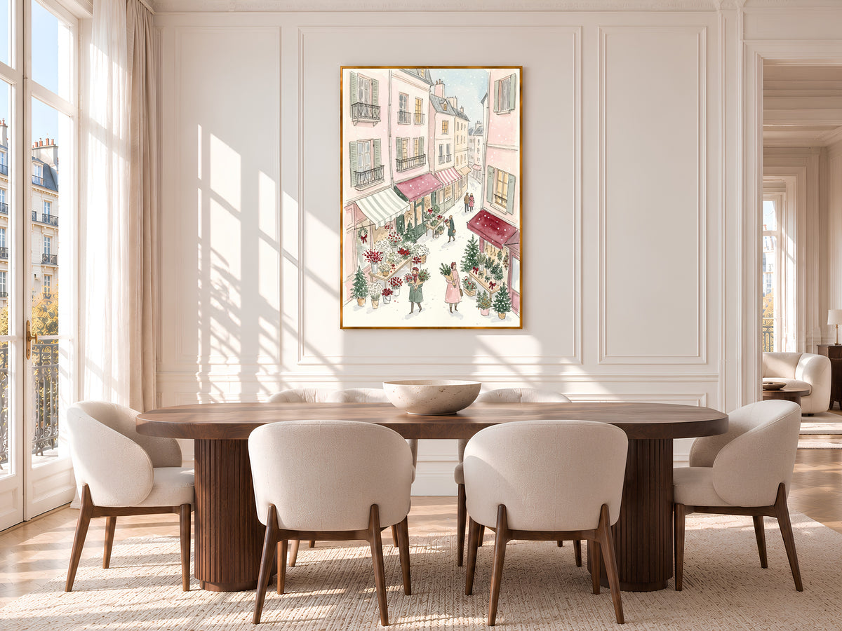 Christmas Flower Market Print, Snowy Paris Street Watercolor, Pastel Pink Holiday Art, Digital Download