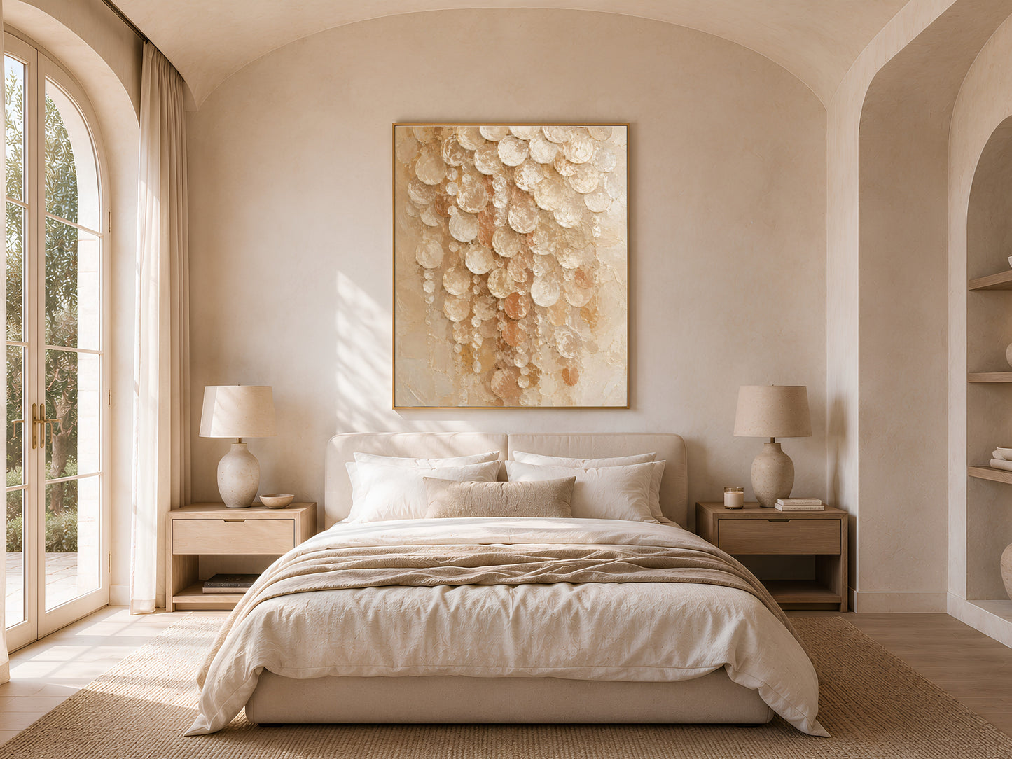 Cream capiz shell print above bed in arched warm bedroom
