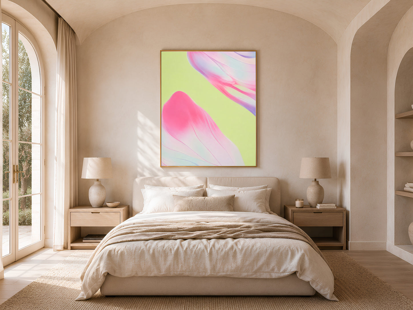 Pink and green abstract art above bed, maximalist neutral bedroom decor mockup