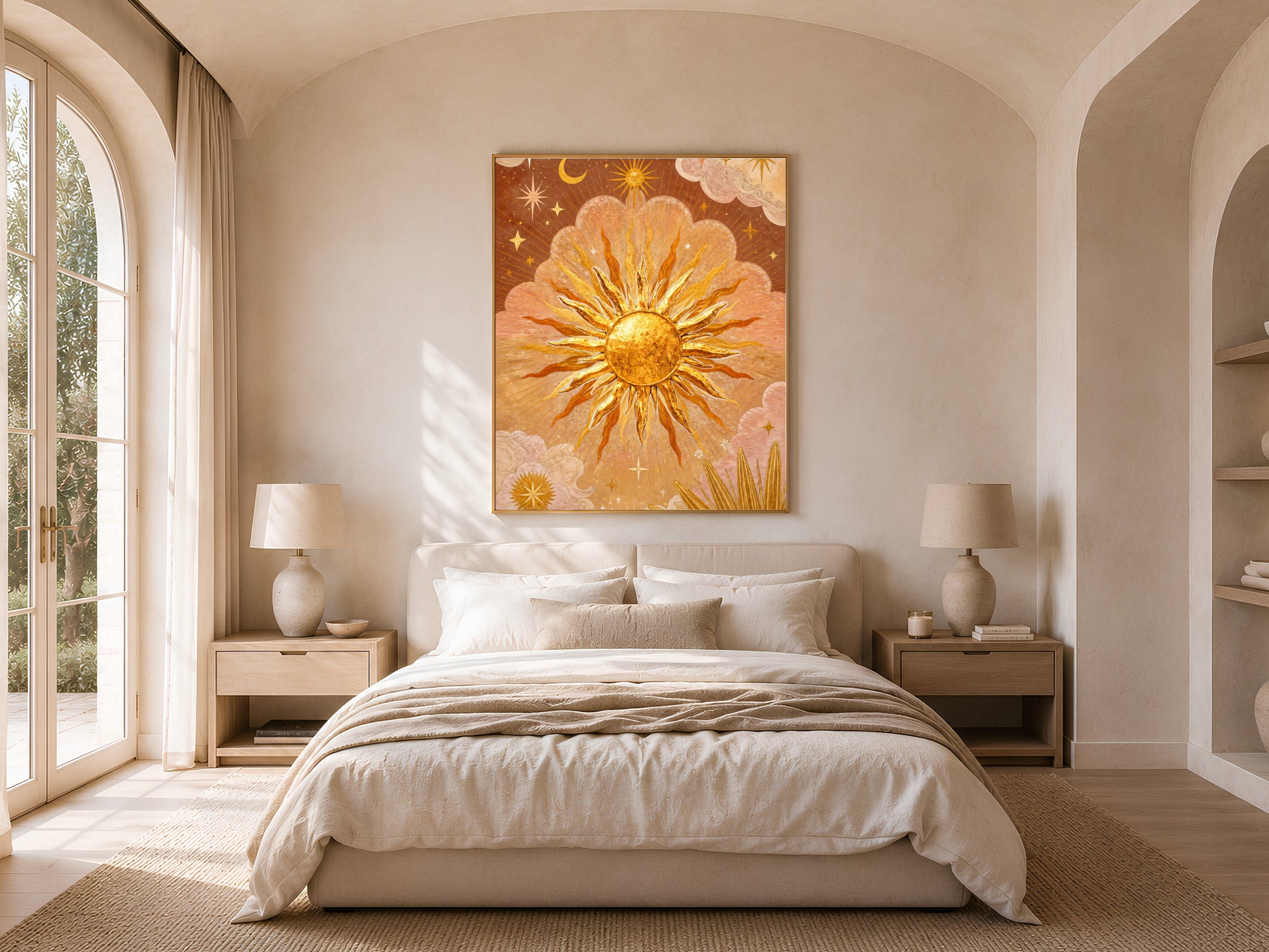 The Sun tarot wall art hung in a sunlit bedroom with arched window, boho sunburst celestial print for bedroom decor