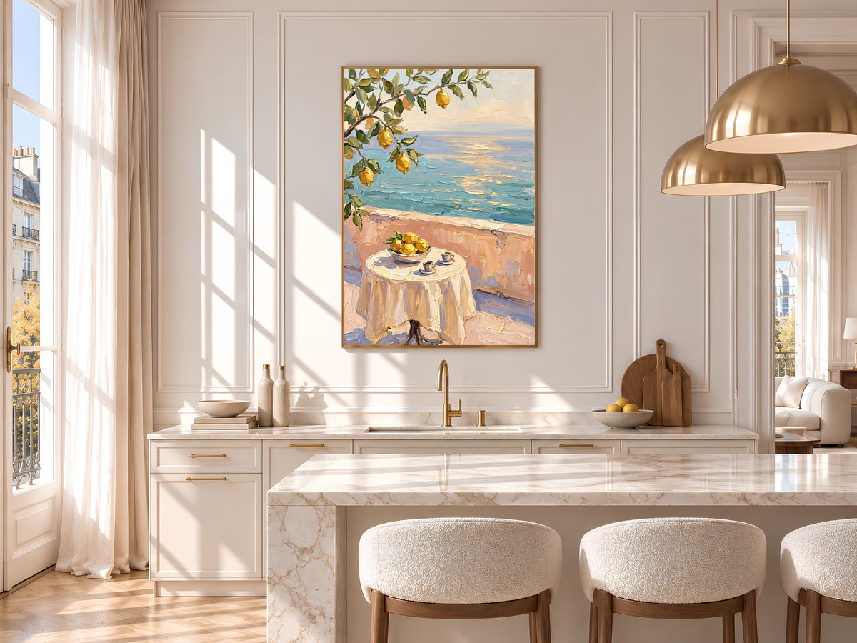 Lemon Tree Sea View Painting Print, Mediterranean Terrace Wall Art, Textured Coastal Art, Printable Digital Download