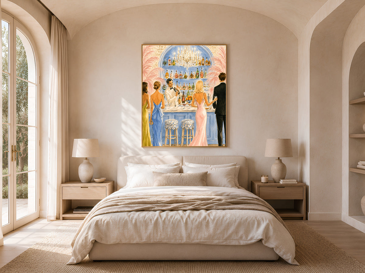 Riviera Cocktail Bar Wall Art, Preppy Pink Watercolor Print - Digital Download