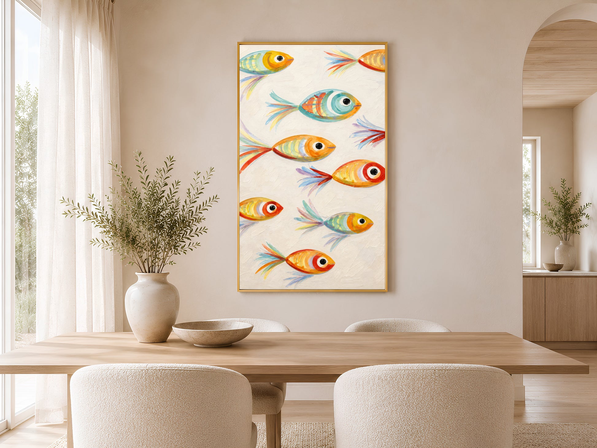 Framed impasto whimsical fish wall art on warm white wall in minimal dining room with round table and white chairs
