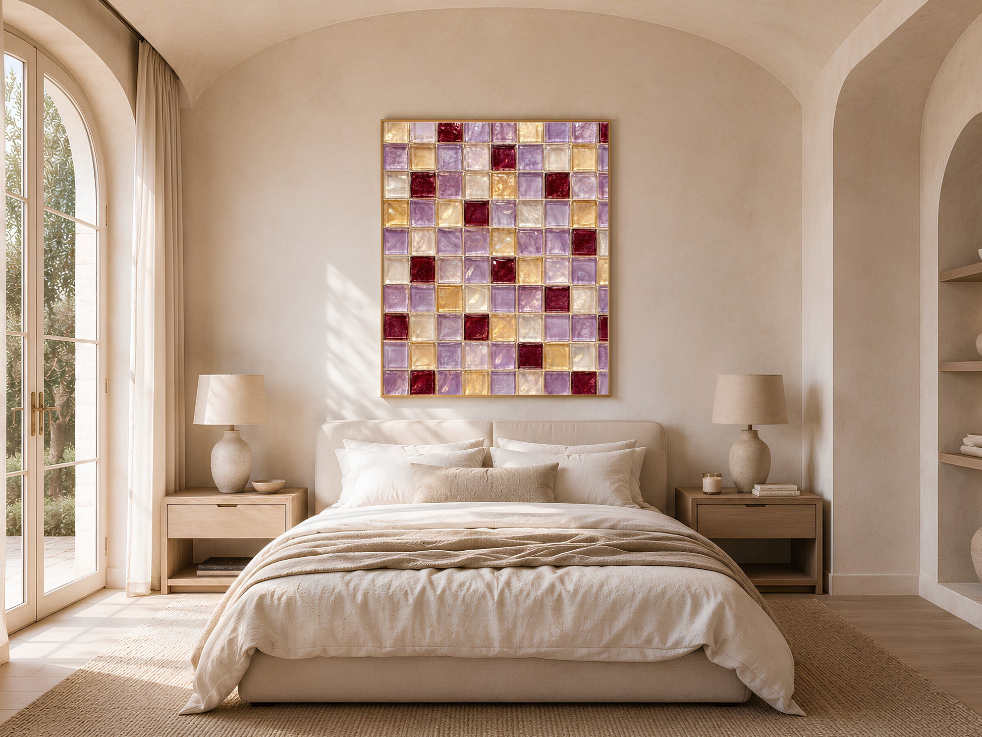 Purple gold mosaic wall art print framed above a bed in a light-filled arched bedroom