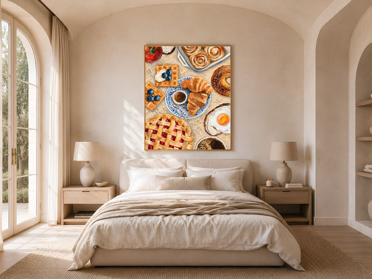 Brunch flat lay wall art above a neutral bedroom bed
